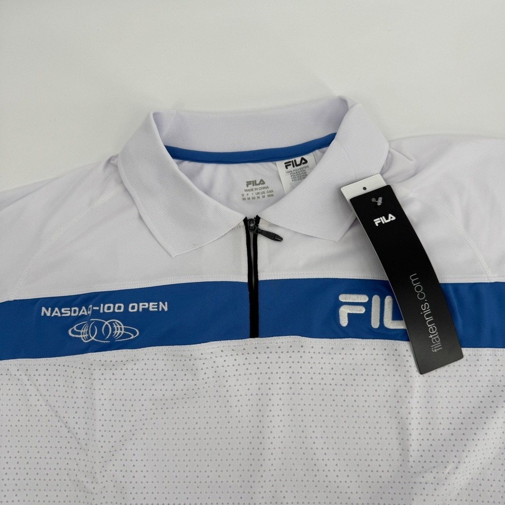 NEW Fila Medium Tennis Polo Shirt Short Sleeve White Blue Nasdaq 100 Open Zip